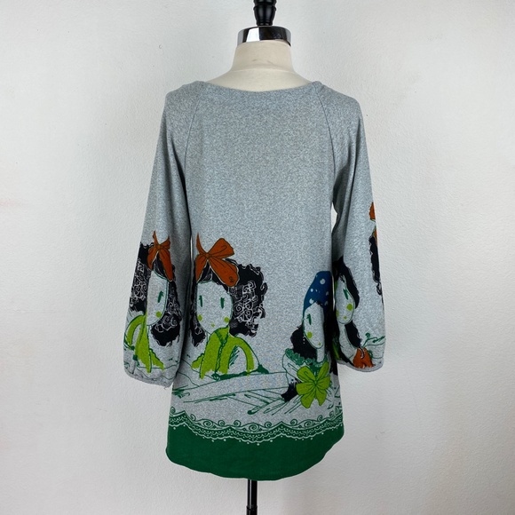 Womens Anime Girls Border Print Tunic Knit Dress Gray Green Black 3/4 Sleeves SM - Picture 7 of 9